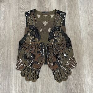 RARE Balmain Paris Brown Black Lambskin Leather Cut Out Studded Gilet Top Sz M